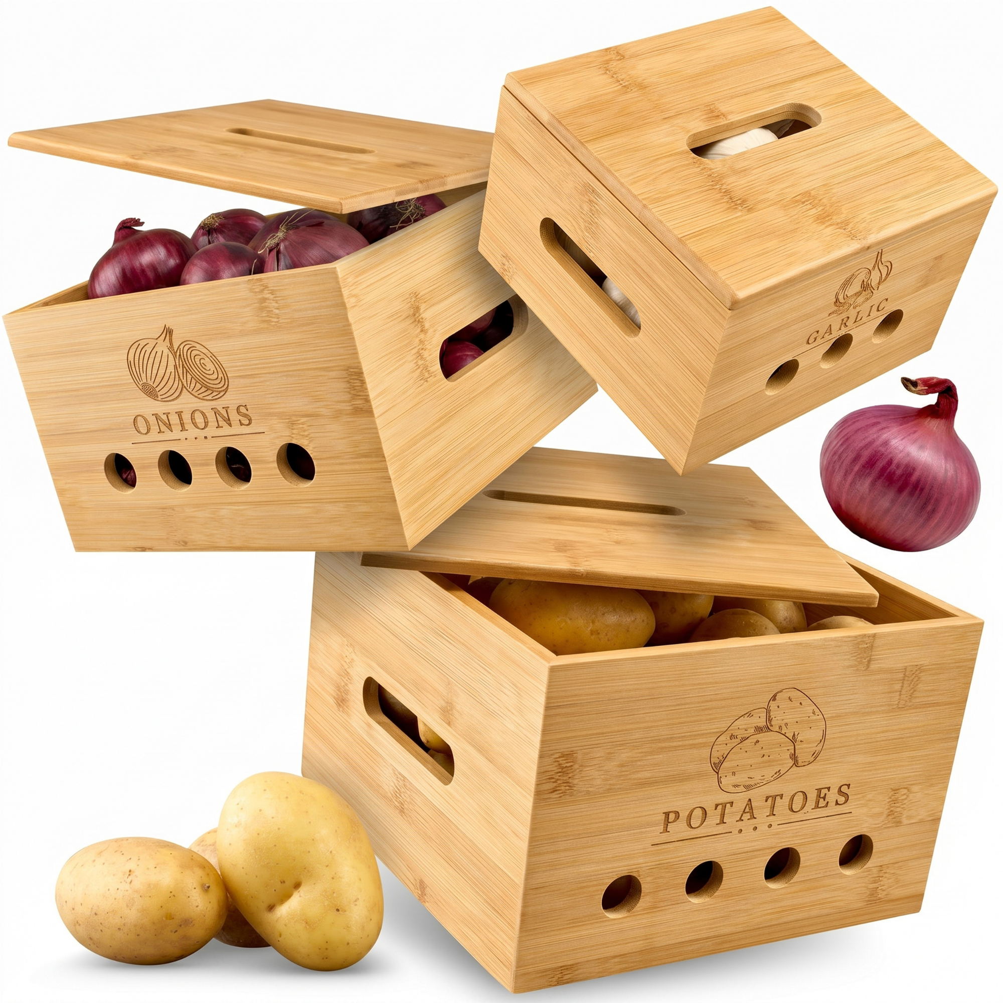 Kartoffel Aufbewahrungsbox aus Bambus | 3er Set