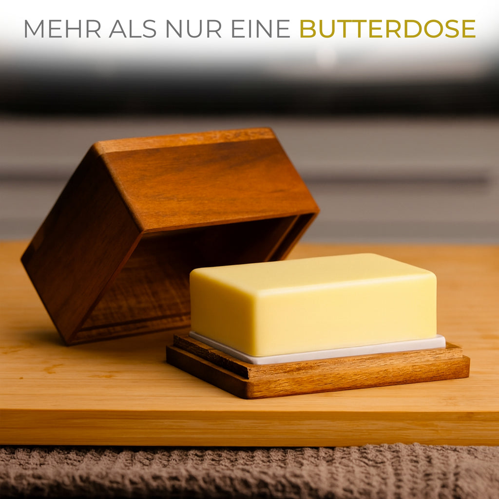 CALIDORO Butterbox aus Holz mit Butter auf der Marmorplatte