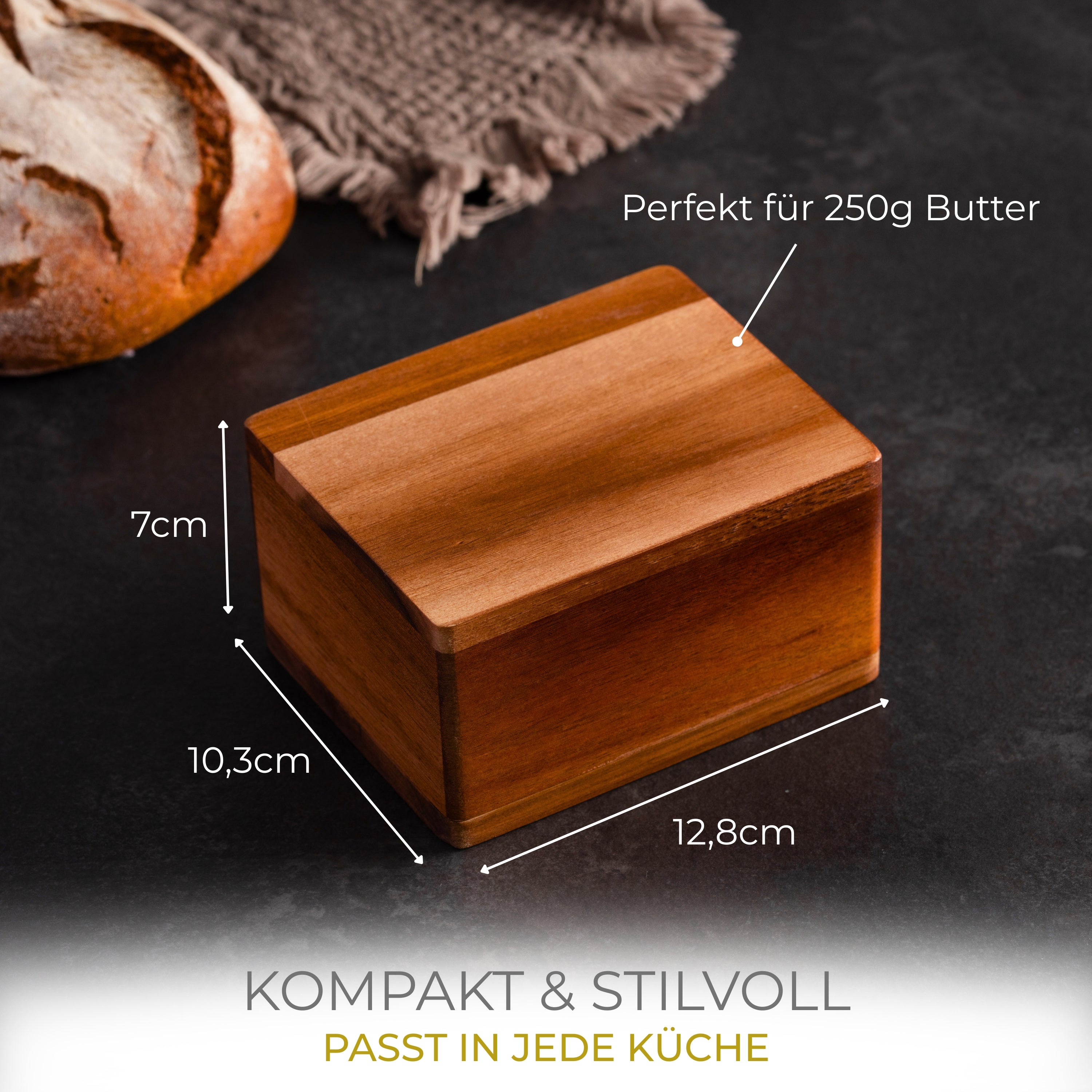 CALIDORO Maße der MARA Butterdose für 250 g Butter – 12,8 × 10,3 × 7 cm