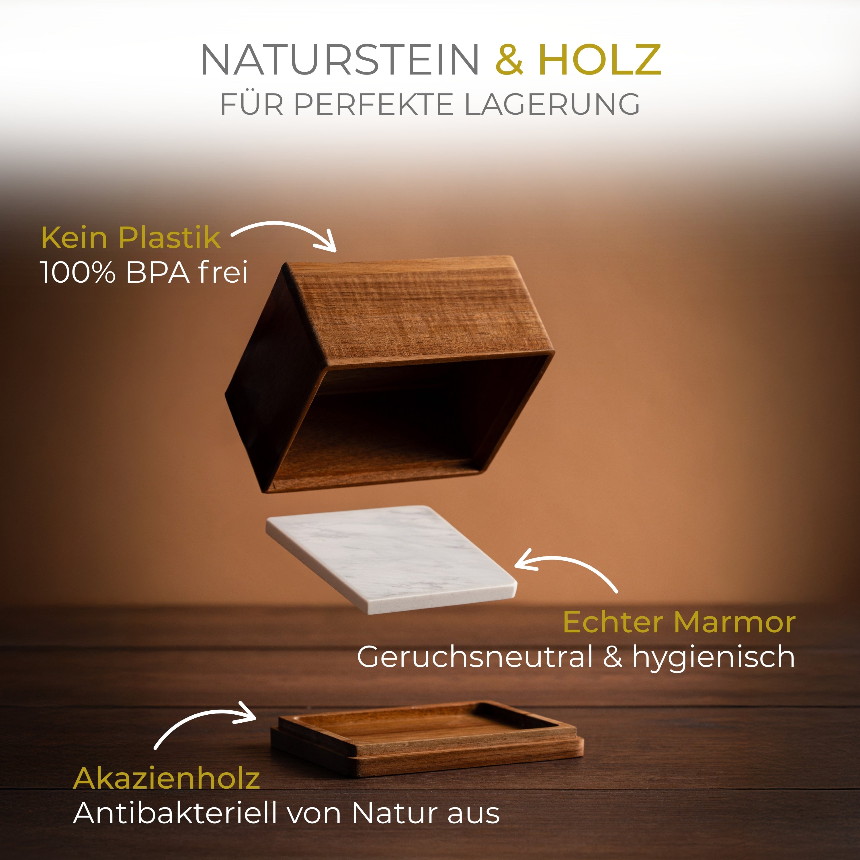 CALIDORO Butterdose mit Holzdeckel und herausnehmbarer Marmorplatte