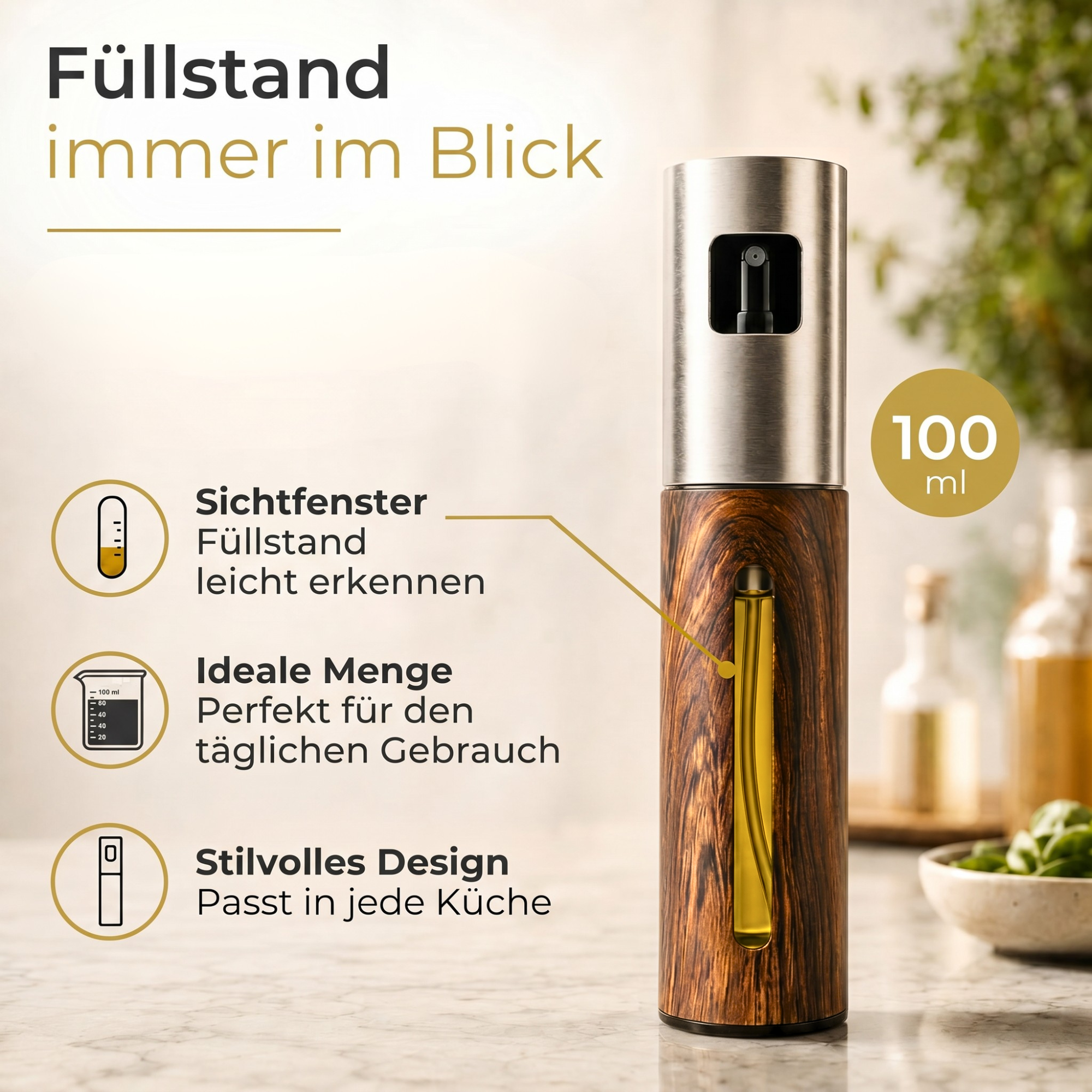 OELY Dark Airfryer Öl Spray 100ml mit Sichtfenster. Nachfüllbarer Ölsprüher für Airfryer, Grill, Salat, Backen.
