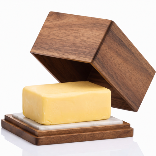 CALIDORO Butterdose aus Akazienholz mit herausnehmbarer Marmorplatte für 250g streichzarte Butter.
