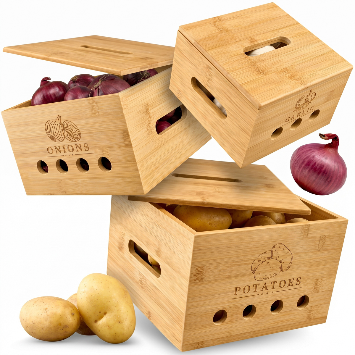 Kartoffel Aufbewahrungsbox [3er Set, Bambus] – Ideal für Kartoffeln, Zwiebeln & Knoblauch
