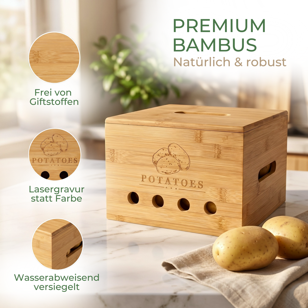 Kartoffel Aufbewahrungsbox Bambus Holz – Nahaufnahme von Material, Oberfläche und Verarbeitung