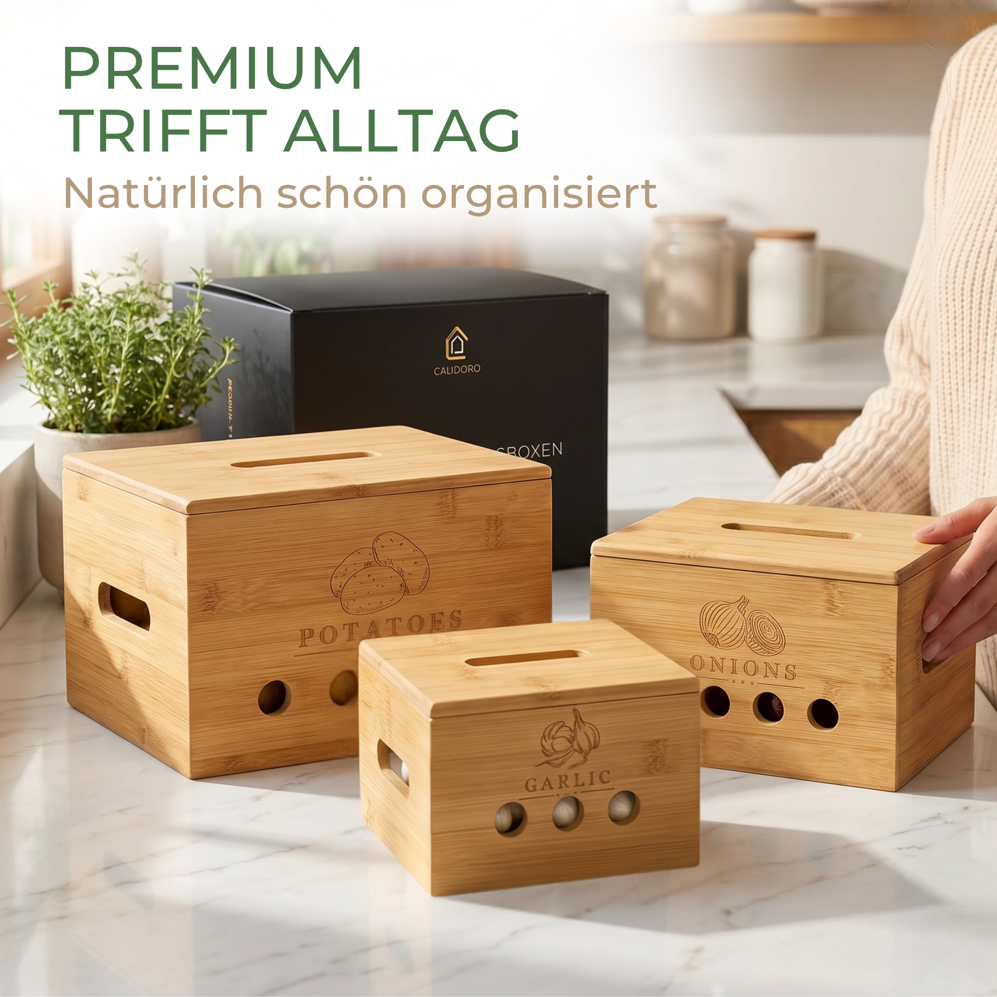 Kartoffel und Zwiebel Aufbewahrung mit separater Knoblauchbox aus Bambus Holz im Küchenalltag