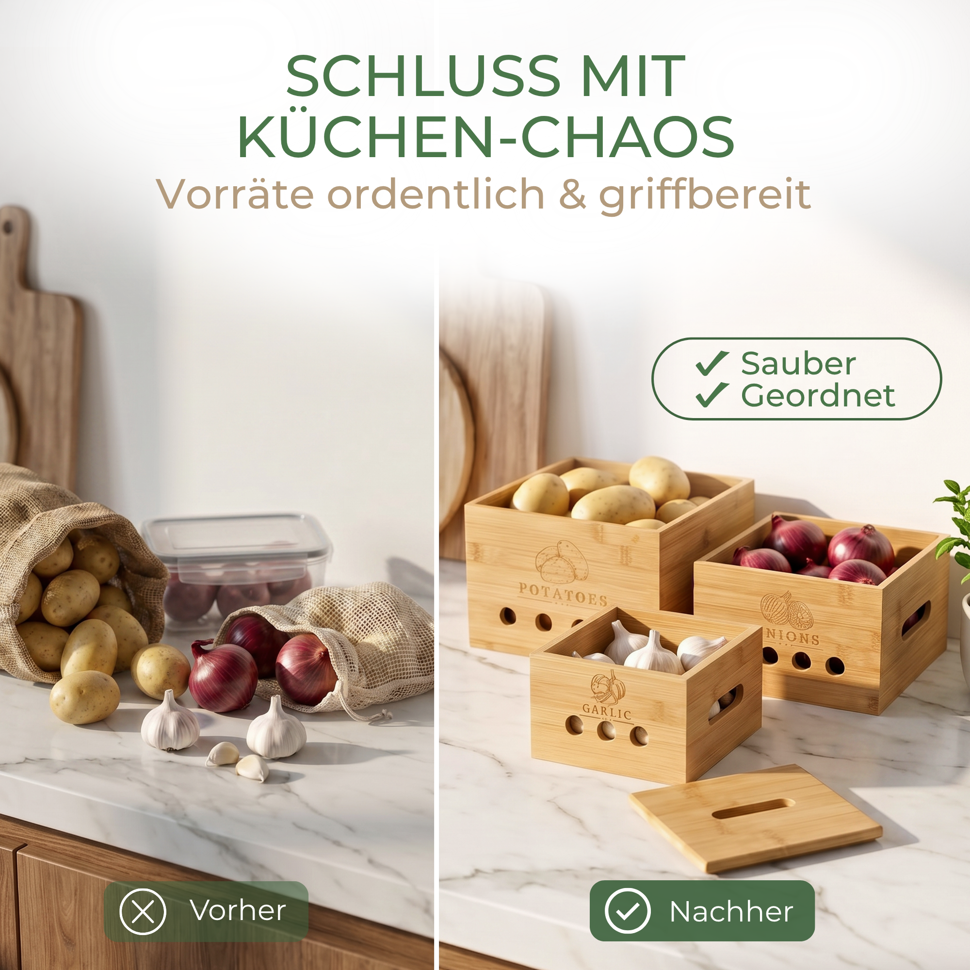 Geordnete und saubere Kartoffel Zwiebel Knoblauch Aufbewahrung im PURO 3er Set aus Bambus Holz