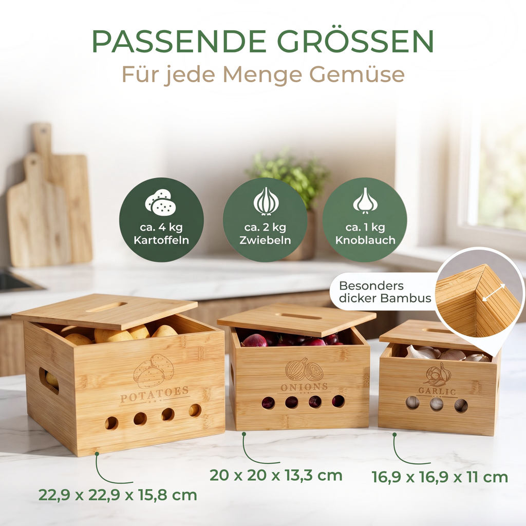 Kartoffel Aufbewahrungsbox [3er Set, Bambus] – Ideal für Kartoffeln, Zwiebeln & Knoblauch