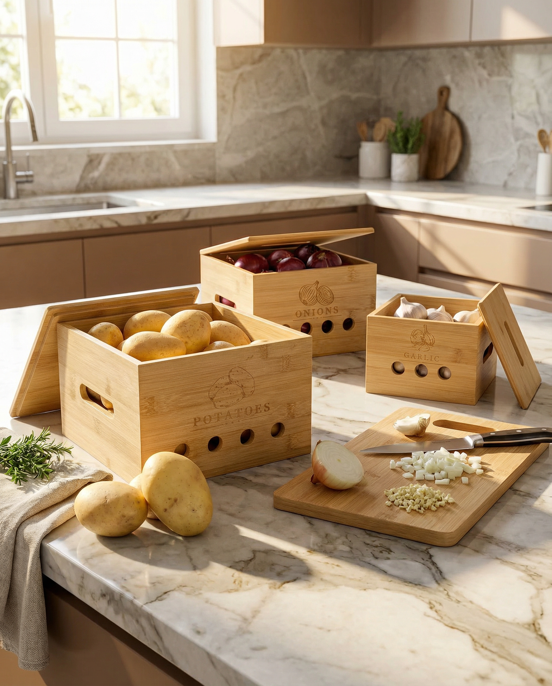 Kartoffeln aufbewahren in einer belüfteten Bambusbox mit separaten Boxen für Zwiebeln und Knoblauch