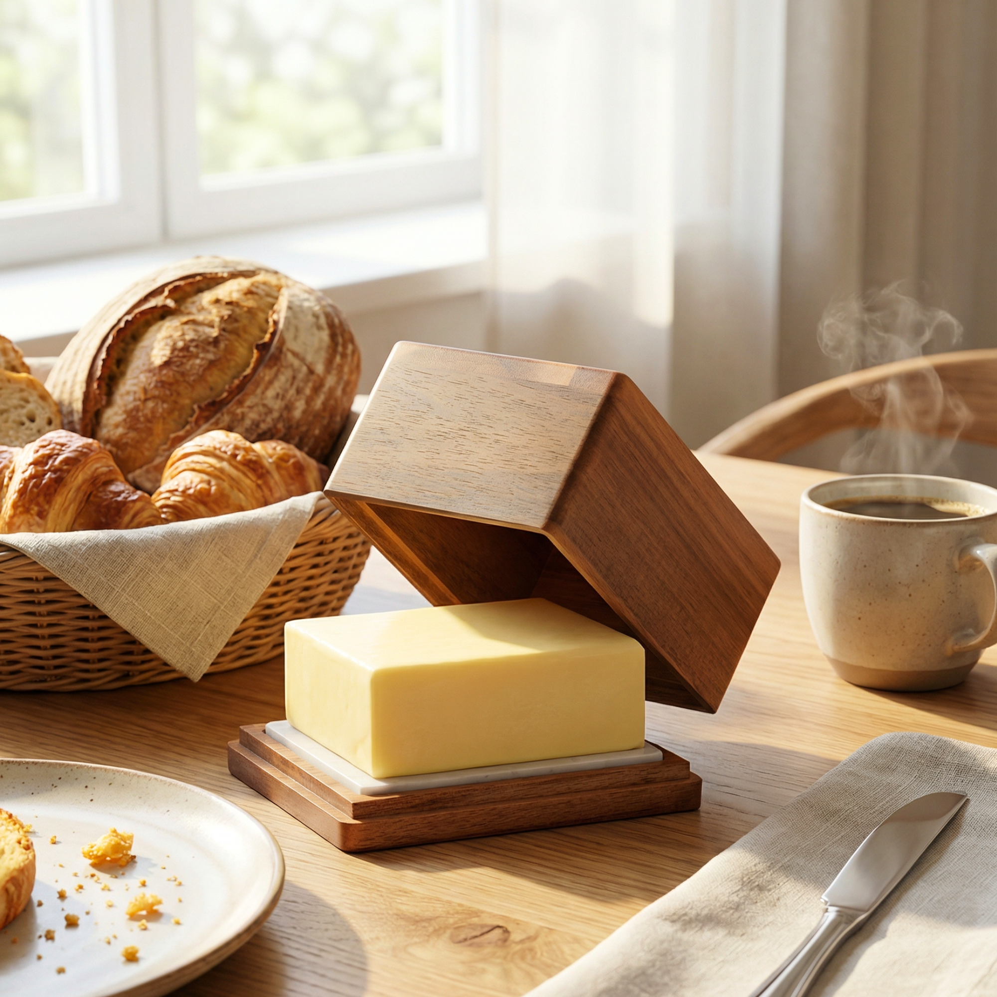 MARA Butterdose mit Deckel und Butter auf einem gedeckten Frühstückstisch