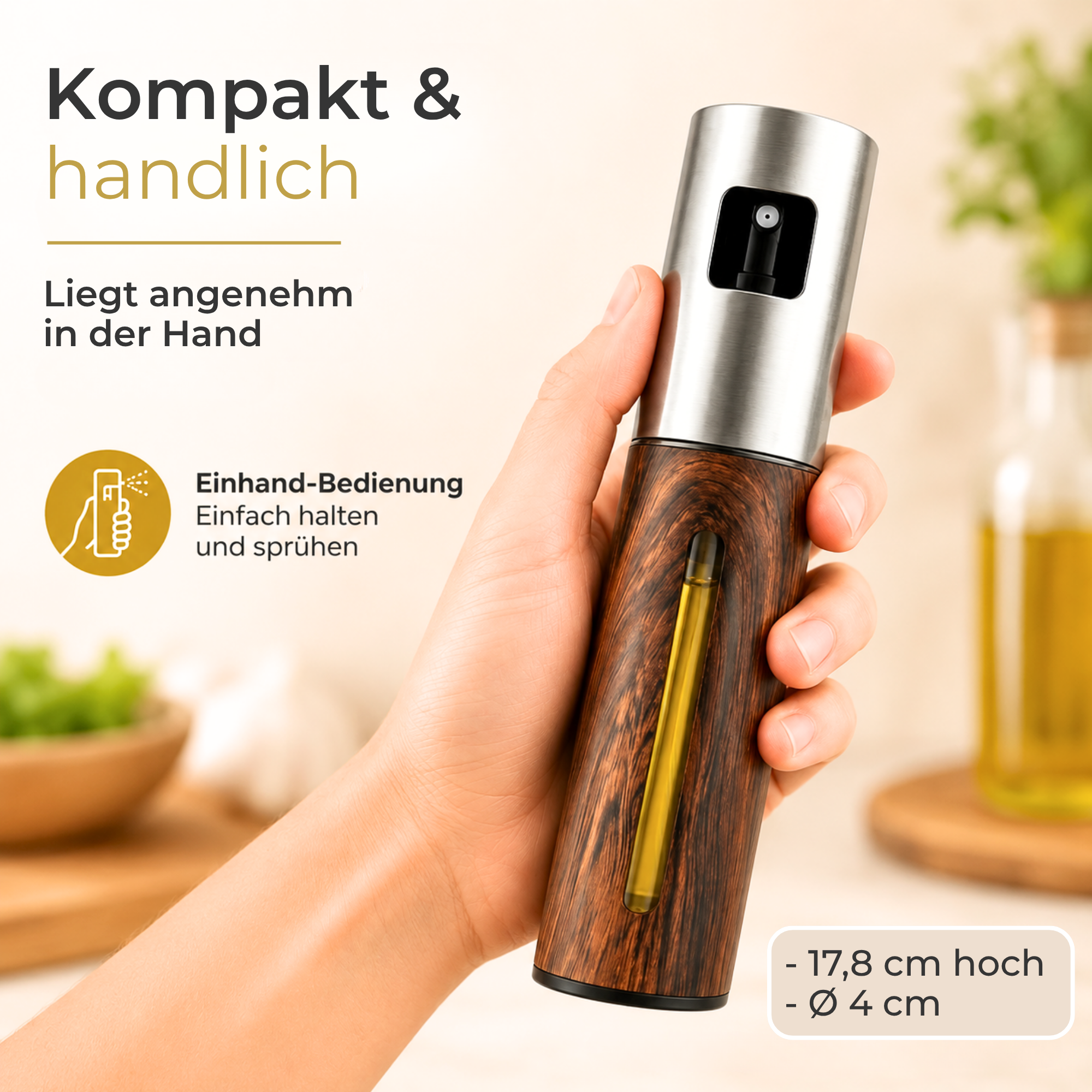 OELY Dark Kompakter Öl Sprayer mit 100 ml Fassungsvermögen und Edelstahlgehäuse in einer Hand.