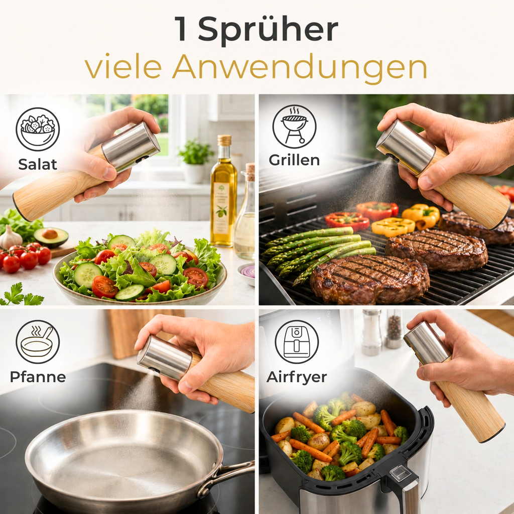 OELY Light Öl-Sprühflasche und Ölzerstäuber für Airfryer, Heißluftfritteuse, Salat, Grill, Pfanne und Backen.