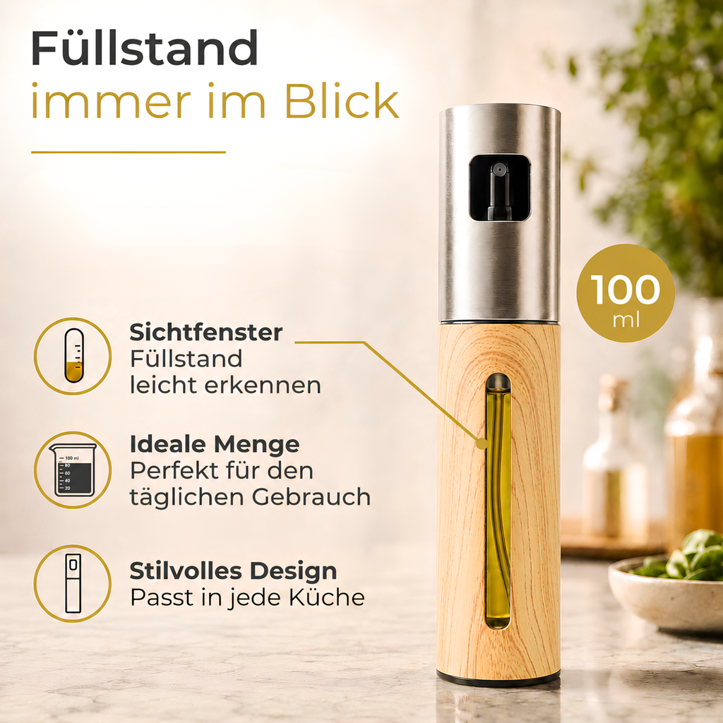 OELY Light Öl-Sprühflasche und Olivenöl-Sprühflasche mit Sichtfenster zum Erkennen des Ölfüllstands und 100 ml Fassungsvermögen.