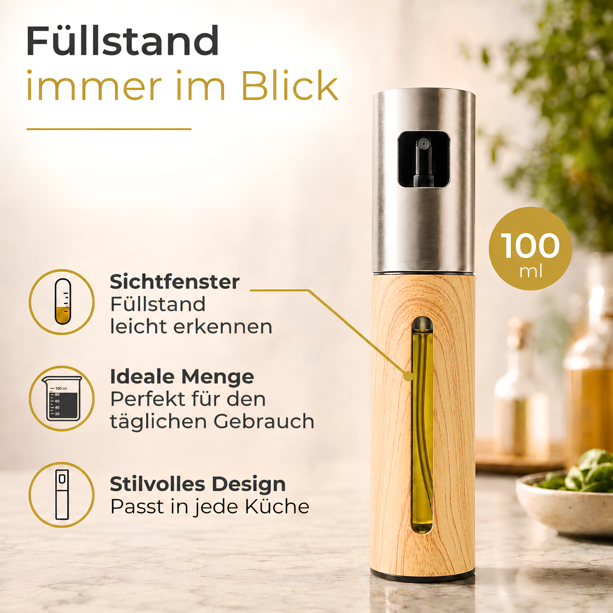 OELY Light Öl-Sprühflasche und Olivenöl-Sprühflasche mit Sichtfenster zum Erkennen des Ölfüllstands und 100 ml Fassungsvermögen.