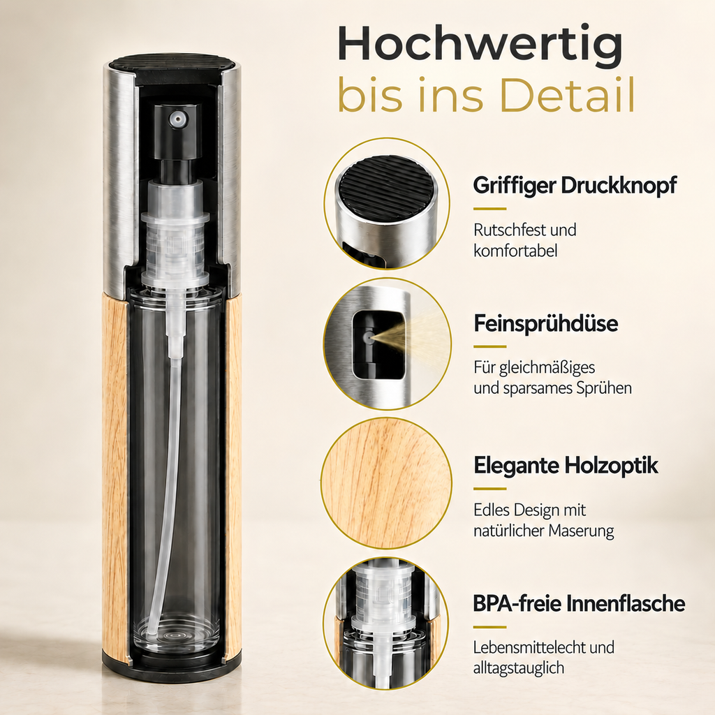 OELY Light Ölsprüher im Querschnitt mit Druckknopf, Feinsprühdüse, BPA-freier Innenflasche und Edelstahlgehäuse in eleganter Holzoptik.