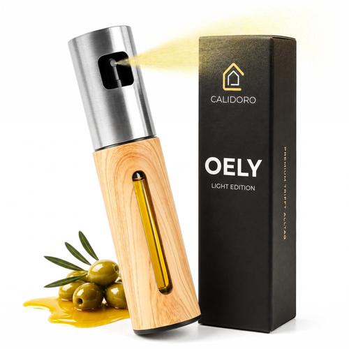 OELY Light Ölsprüher für Speiseöl mit Edelstahlgehäuse und heller Holzoptik. Ölspender ideal für Airfryer, Backen, Grillen.