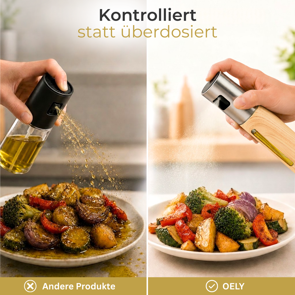 OELY Light Ölsprüher mit feinem Sprühnebel für kontrolliertes und sparsames Dosieren von Speiseöl für gesundes Kochen.