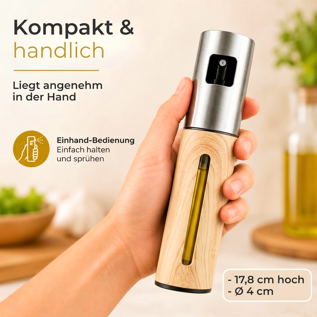 OELY Light Ölspray mit 100 ml Fassungsvermögen und Edelstahlgehäuse. Der Ölsprüher liegt kompakt und handlich in einer Hand.