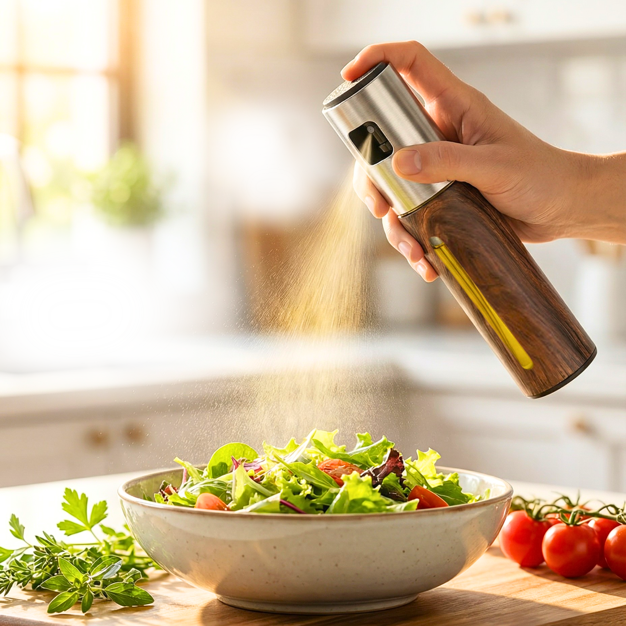 OELY Dark Olivenöl Spray aus einer nachfüllbaren Öl-Sprühflasche für gleichmäßiges Dosieren von Speiseöl.