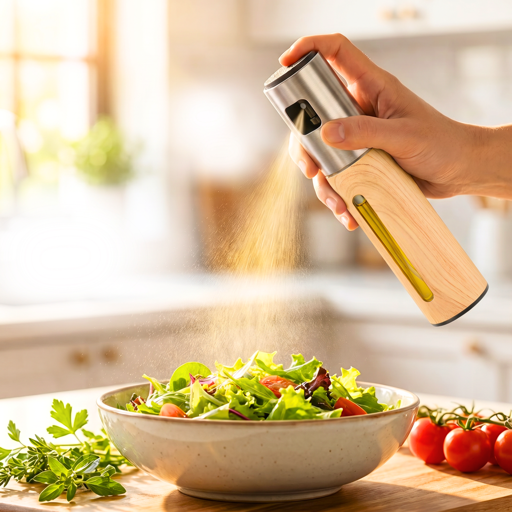 OELY Light Ölsprüher als nachfüllbares Ölspray für Speiseöl mit feinem Sprühnebel über Salat.