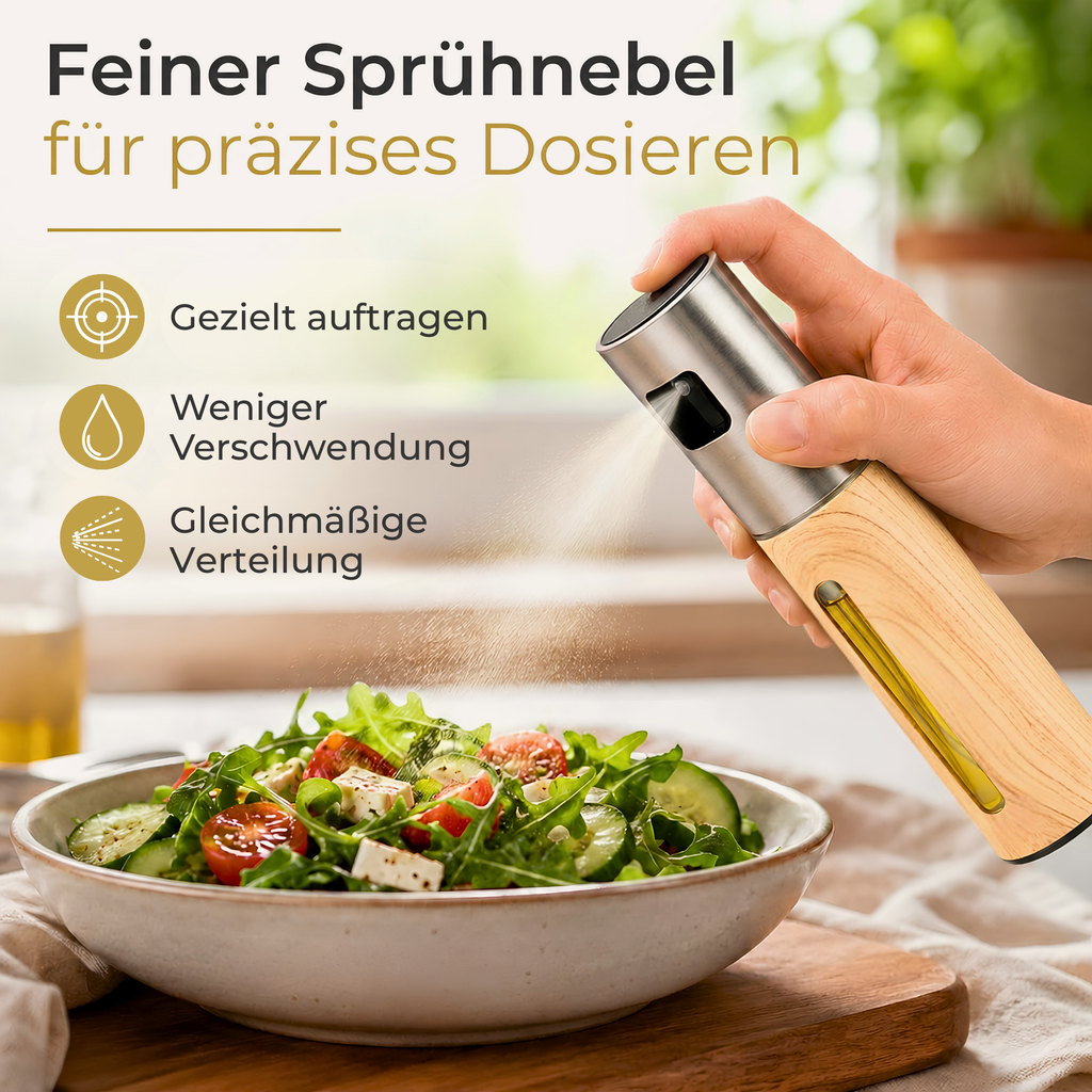 OELY Light Olivenöl-Sprühflasche verteilt einen feinen Sprühnebel gleichmäßig und präzise über einen Salat.