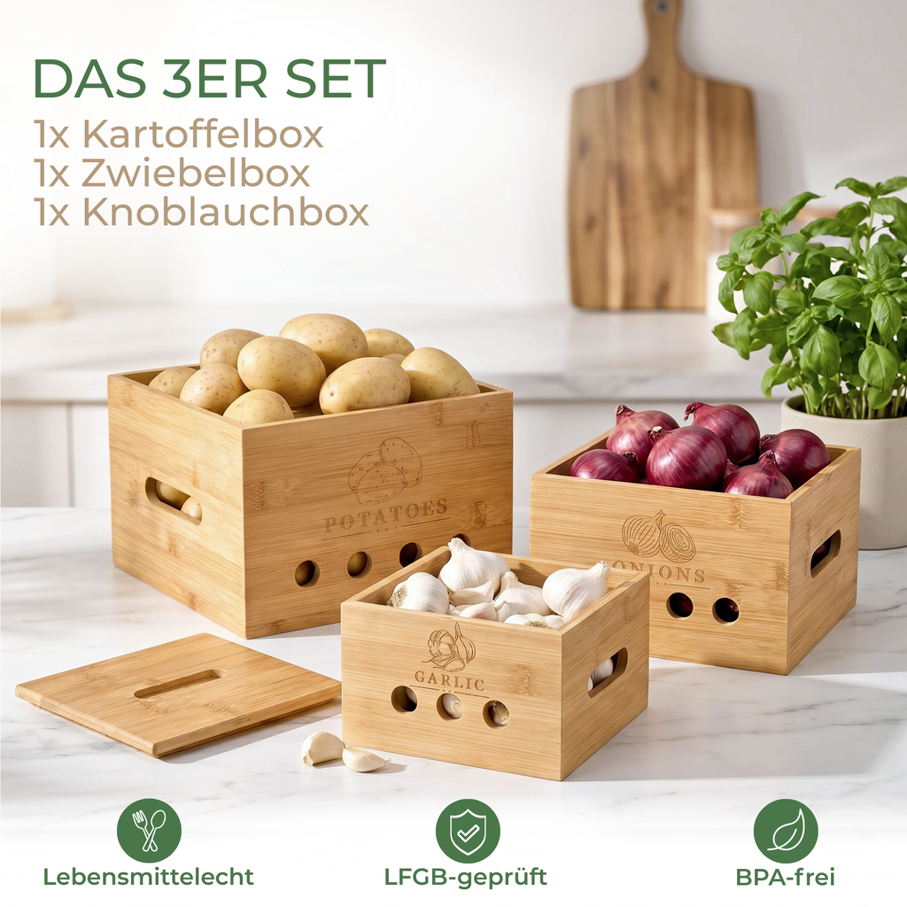 Kartoffel Aufbewahrungsbox [3er Set, Bambus] – Ideal für Kartoffeln, Zwiebeln & Knoblauch