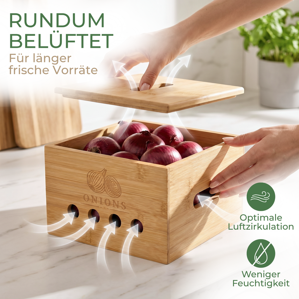 Belüftete Bambus Zwiebel Aufbewahrungsbox mit seitlichen Lüftungsöffnungen zur optimalen Aufbewahrung von Gemüse