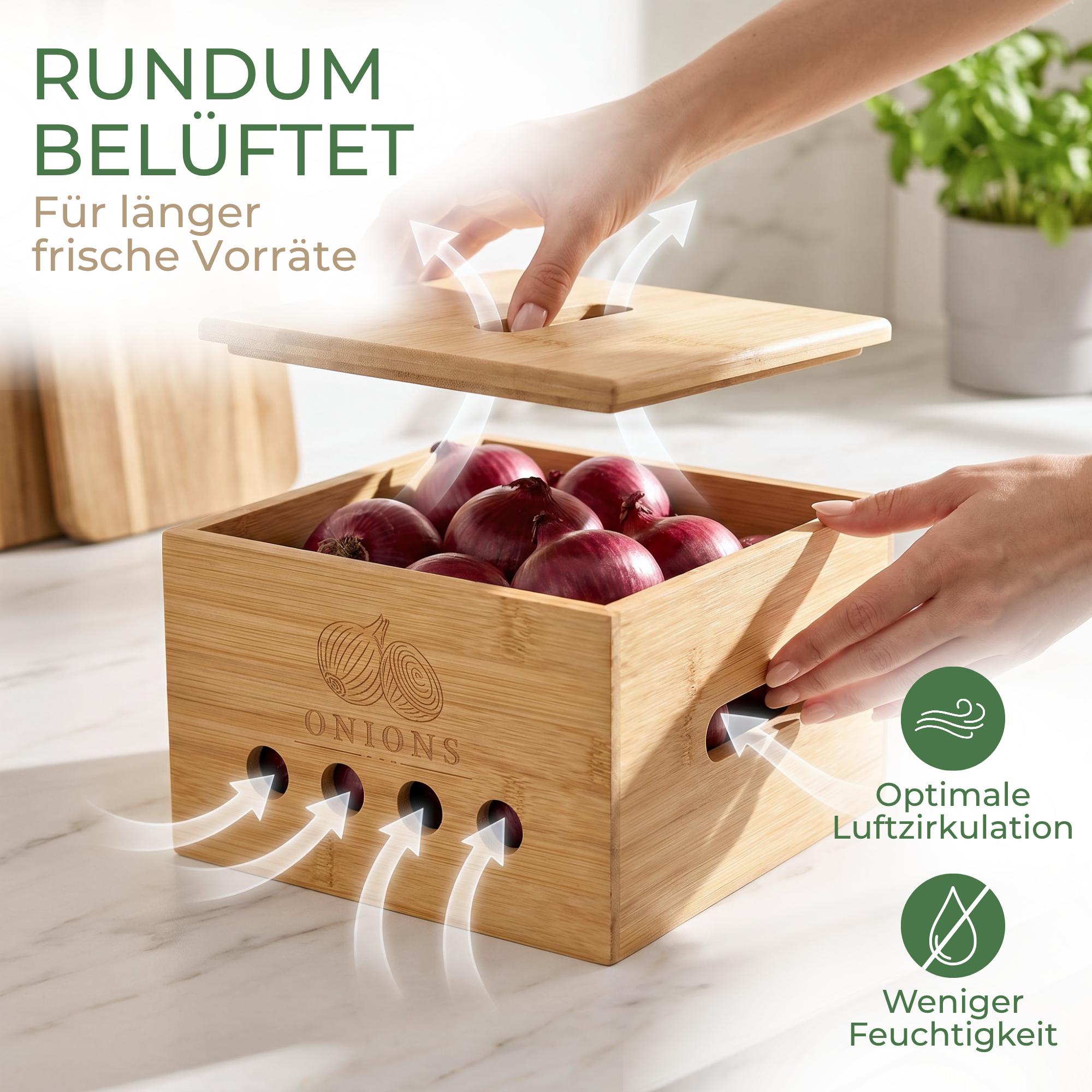 Belüftete Bambus Zwiebel Aufbewahrungsbox mit seitlichen Lüftungsöffnungen zur optimalen Aufbewahrung von Gemüse