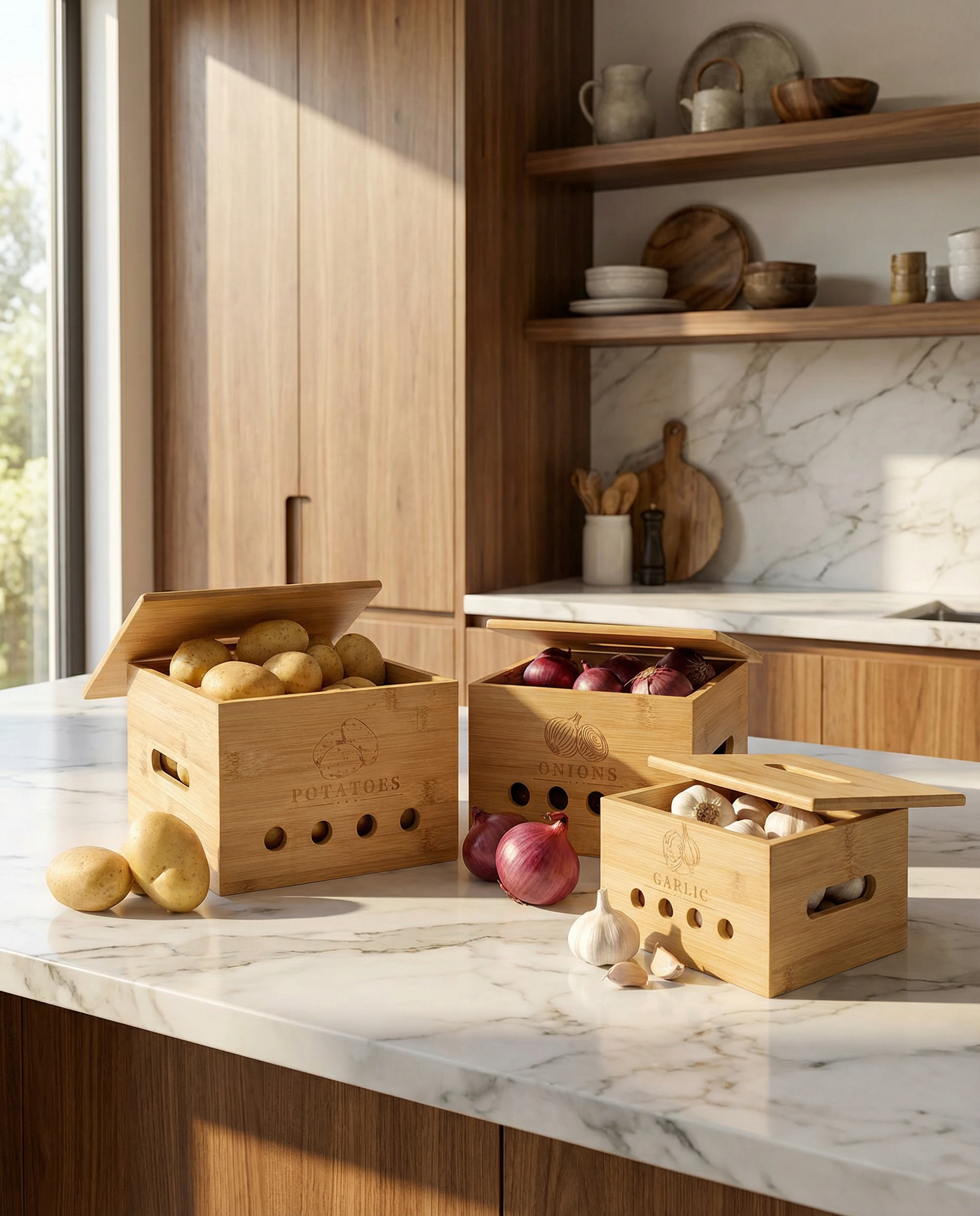 Bambus Aufbewahrungsboxen für die Aufbewahrung von Kartoffeln, Zwiebeln und Knoblauch in der Küche