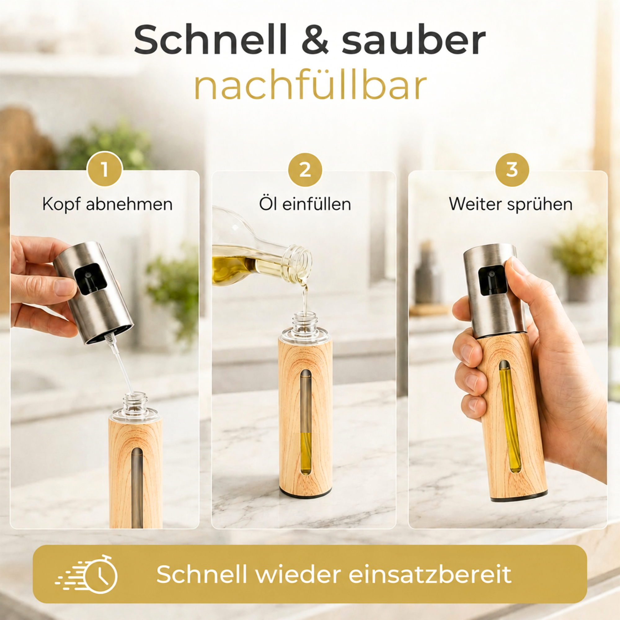 OELY Light Sprühflasche für Öl beim Öffnen, Nachfüllen mit Speiseöl oder Essig und anschließenden Sprühen.