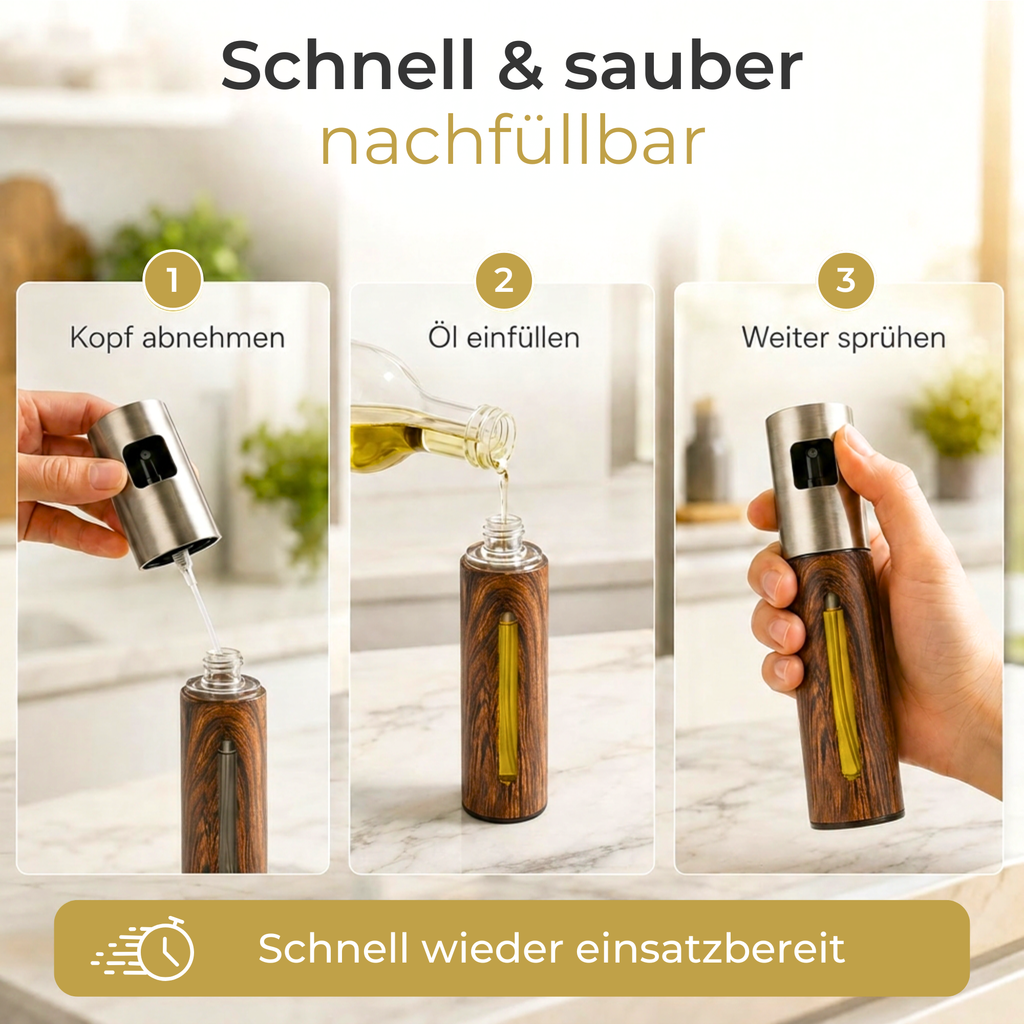 OELY Dark Sprühflasche für Öl beim Öffnen, Nachfüllen mit Speiseöl und anschließenden Sprühen.