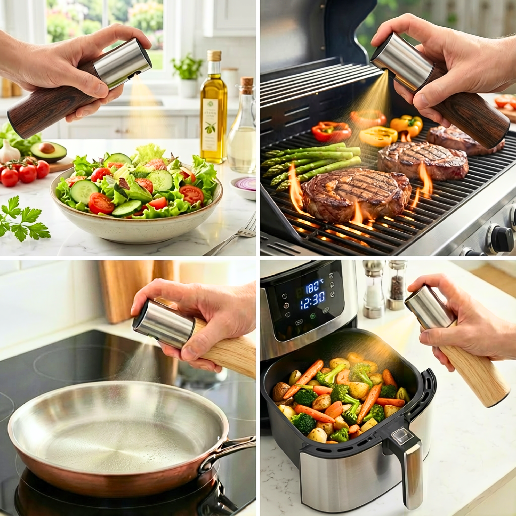 OELY Öl Sprühflaschen im Einsatz bei Grill, Salat, Pfanne und Airfryer. Airfryer öl spray bei verschiedenen Anwendungen.